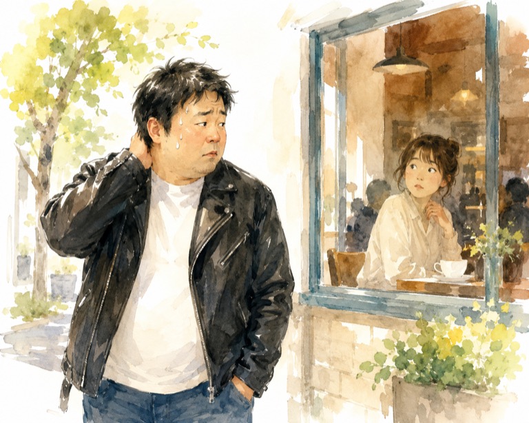 暑い時期に革ジャンで初回デートに来た男性と、驚く女性の水彩イラスト