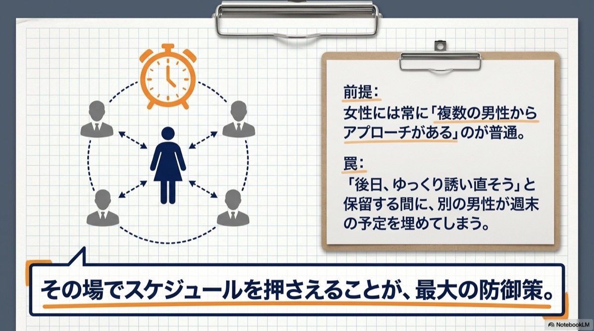 女性に複数の男性からアプローチがある状況の図解：別れ際に誘わないとライバルに先を越される