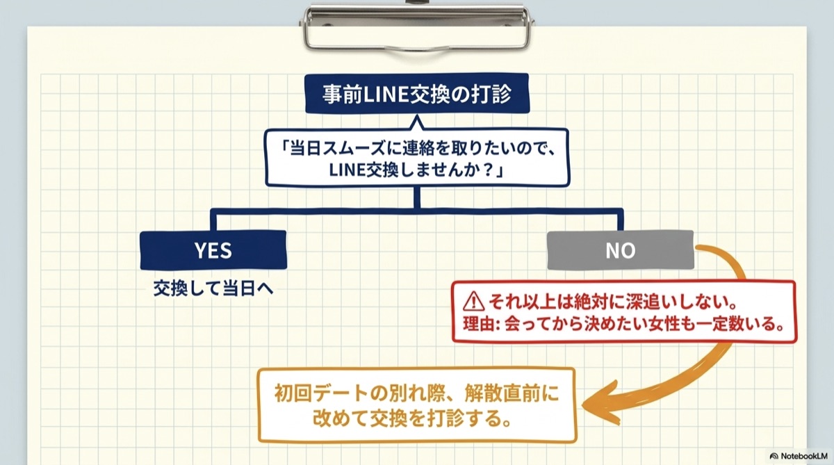 LINE交換の判断フローチャート：YES→当日へ、NO→別れ際に改めて打診