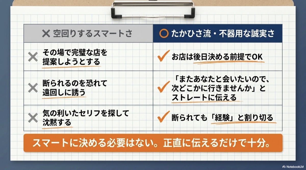 空回りするスマートさより不器用な誠実さ：お店は後で決める・ストレートに伝える・断られたら経験として割り切る