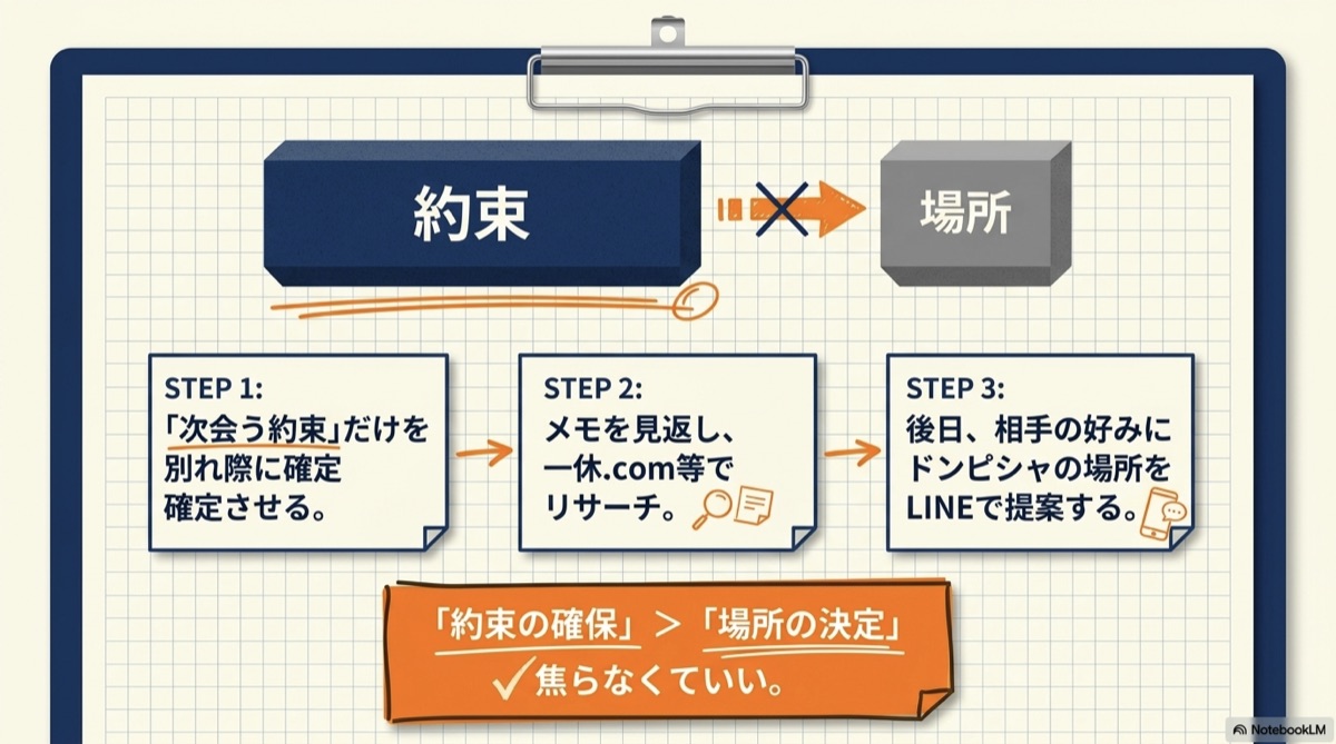 約束の確保→場所の決定の3ステップ：別れ際に約束→メモを見返す→相手の好みに合わせて提案