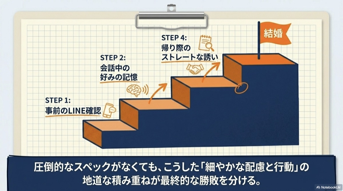 細やかな配慮と行動の積み上げが結婚につながる階段図