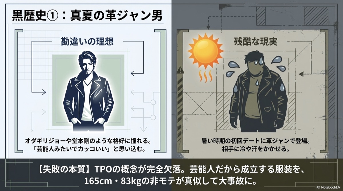 黒歴史①:真夏の革ジャン男。勘違いの理想と残酷な現実の比較図