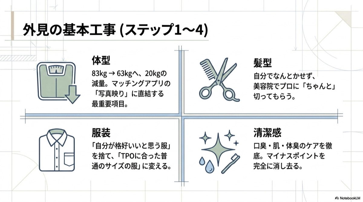 外見の基本工事ステップ1〜4：体型・髪型・服装・清潔感の具体的な改善内容